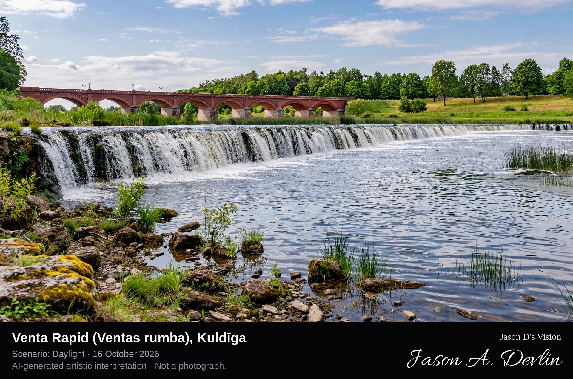 AI-generated artistic interpretation of Venta Rapid (Ventas rumba), Kuldīga, Latvia.