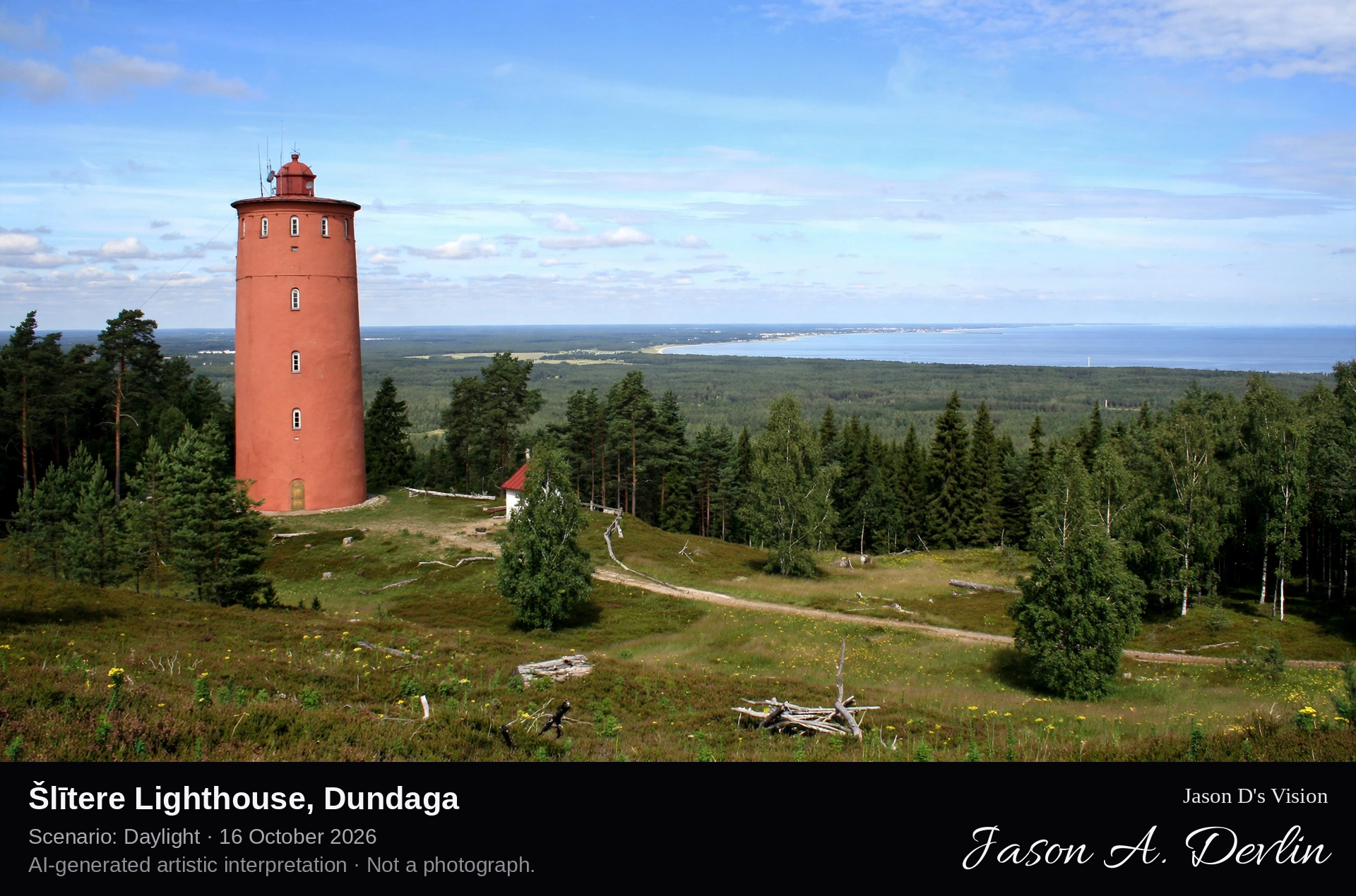 AI-generated artistic interpretation of Šlītere Lighthouse, Dundaga, Latvia.