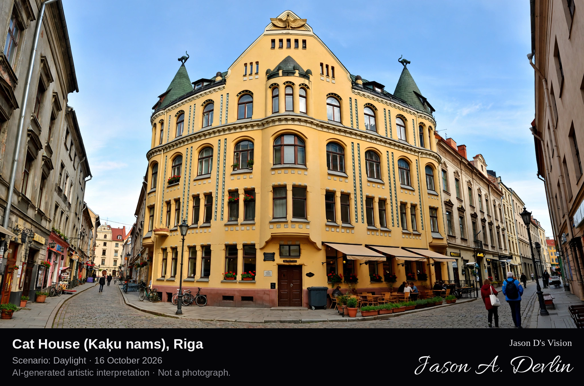 AI-generated artistic interpretation of Cat House (Kaķu nams), Riga, Latvia.