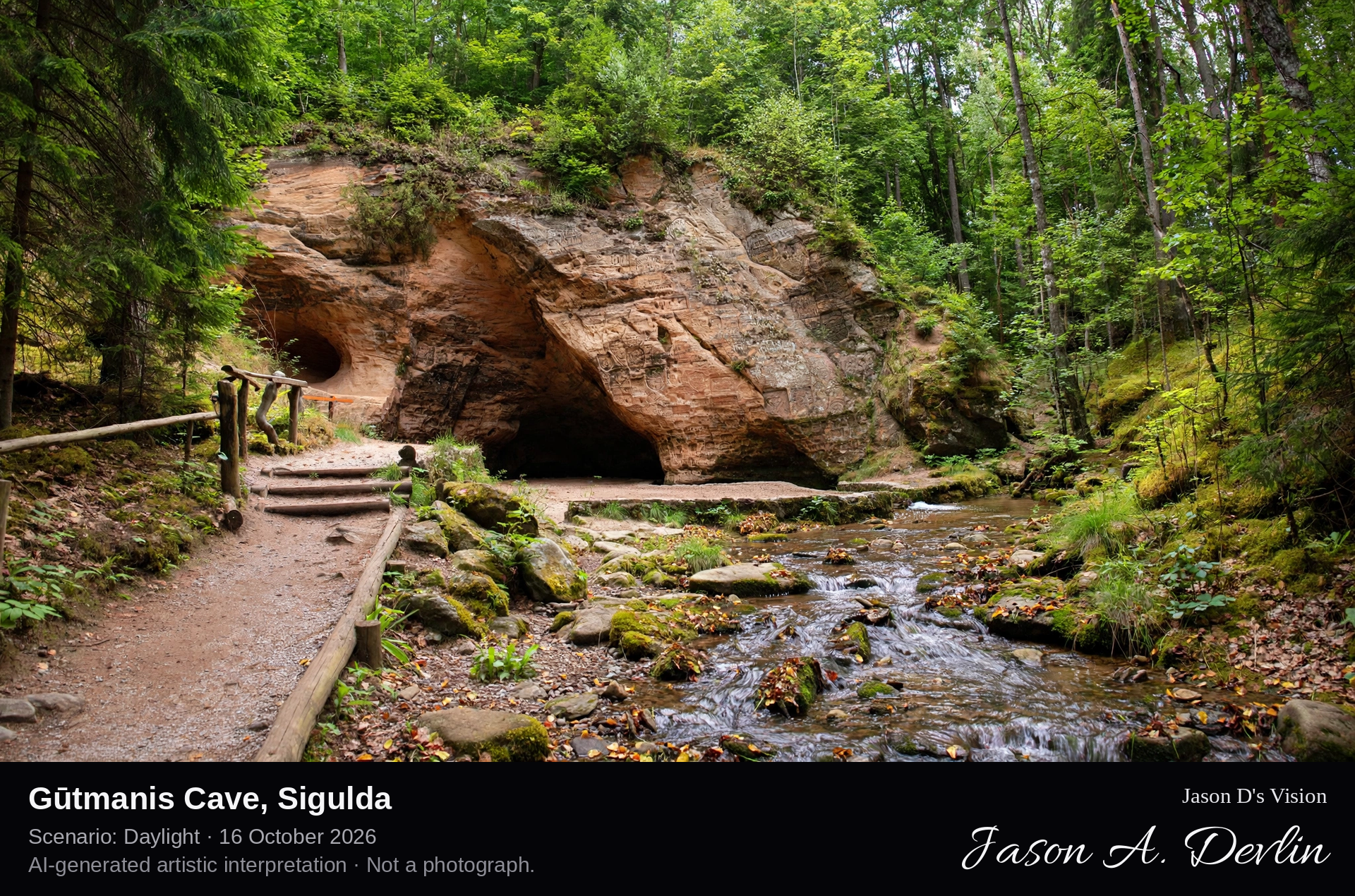 AI-generated artistic interpretation of Gūtmanis Cave, Sigulda, Latvia.
